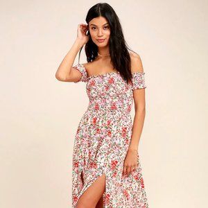 Lulus View from the Meadow Cream Floral Print Off-the-Shoulder Dress